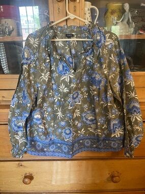 Talbots Olive and Blue Floral Peasant Tunic